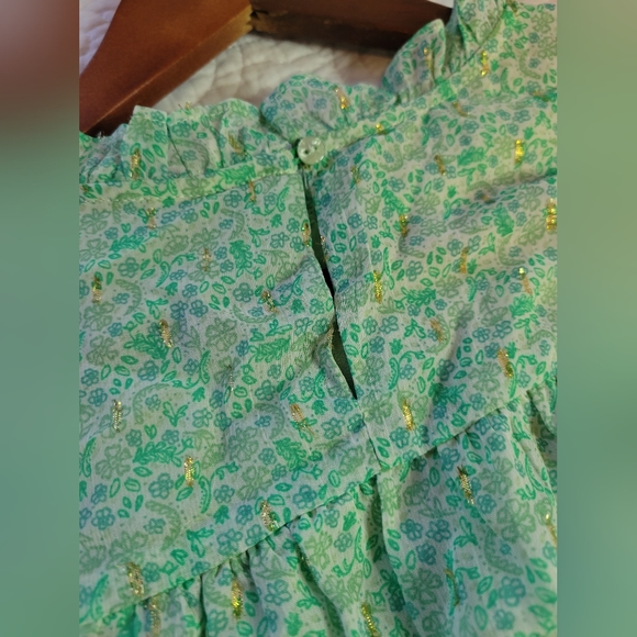 Joie | Mock Neck Floral Chiffon Cap Sleeve Blouse | Mint Green & Gold | Large - Picture 6 of 11